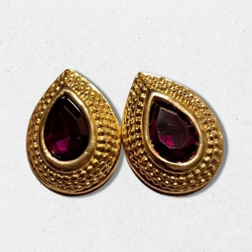 Vintage Teardrop Glass Earrings Clip on Style Comfortable Gold/Purple Women's OS - Picture 2 of 3